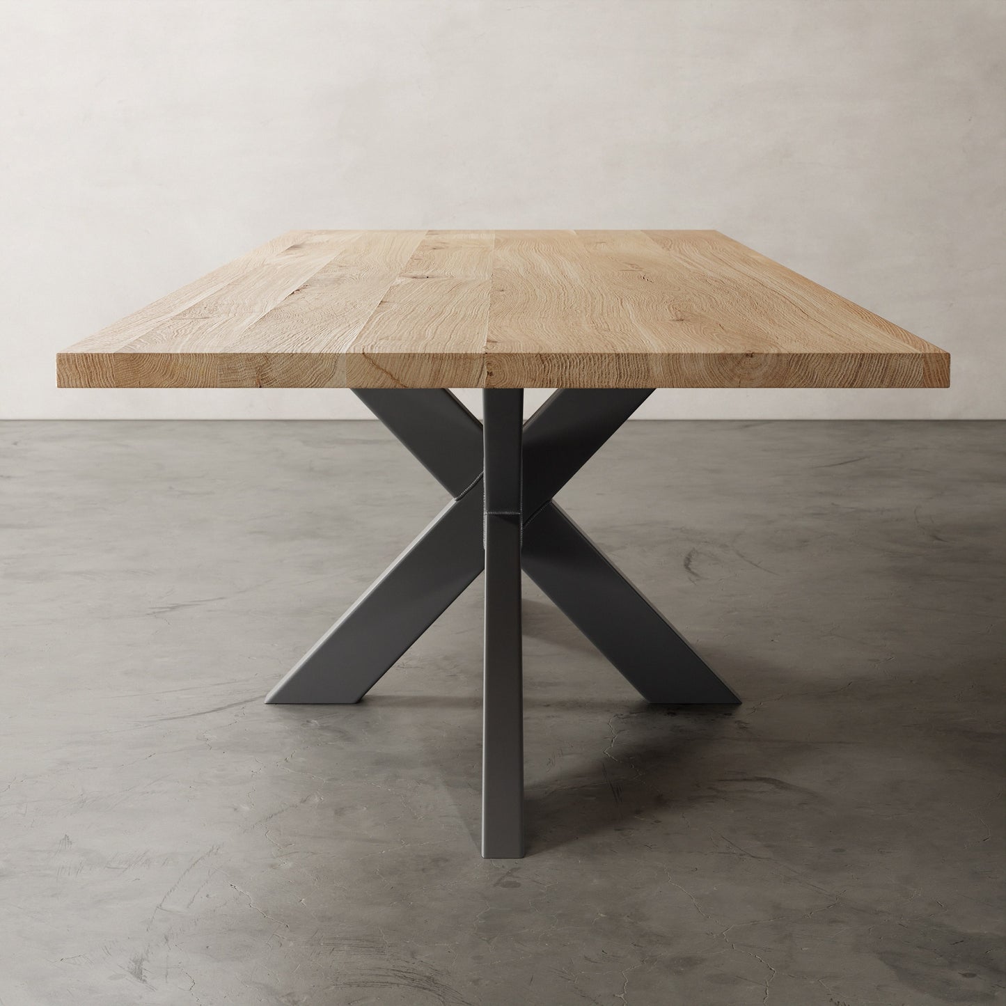 eiken houten eettafel met metalen matrix spin poot aanzicht kops
