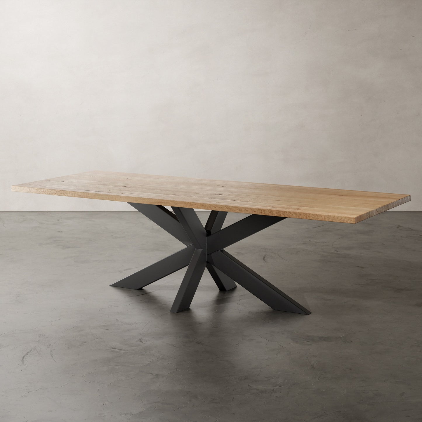 eiken houten eettafel met metalen matrix spin poot aanzicht schuin boven