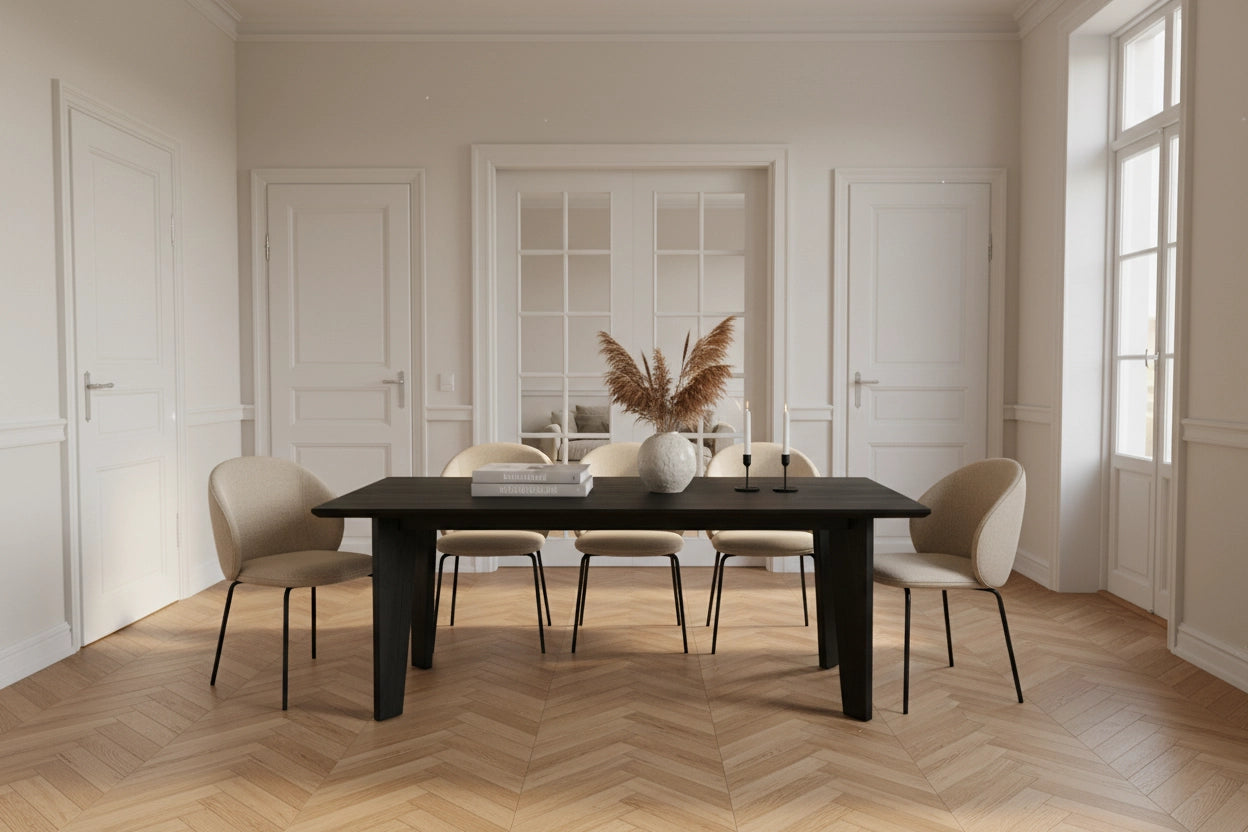 Lumiere – Eiken Massieve Eettafel – Rechthoekig – Ronde Rand – Zwarte Lak