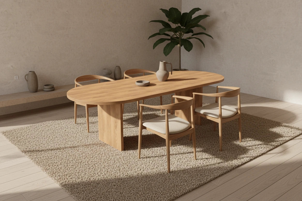 No Fuzz – Eiken Fineer Eettafel – Plat Ovaal  – Rechte Rand – Naturel Lak