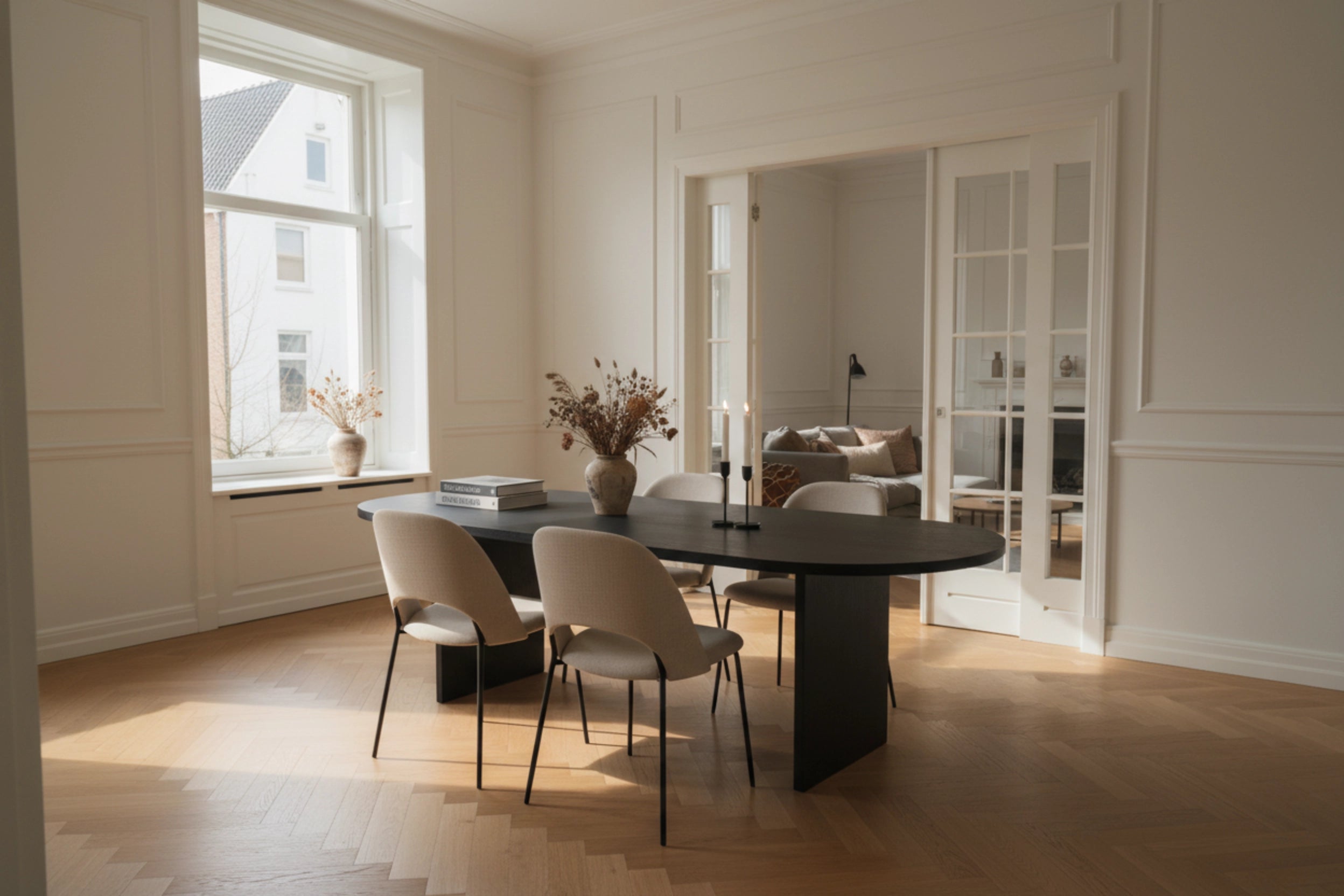 No Fuzz – Eiken Fineer Eettafel – Plat Ovaal – Rechte Rand – Zwarte Lak