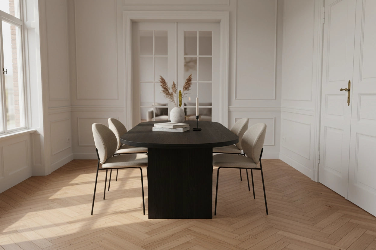 No Fuzz – Eiken Fineer Eettafel – Plat Ovaal – Rechte Rand – Zwarte Lak