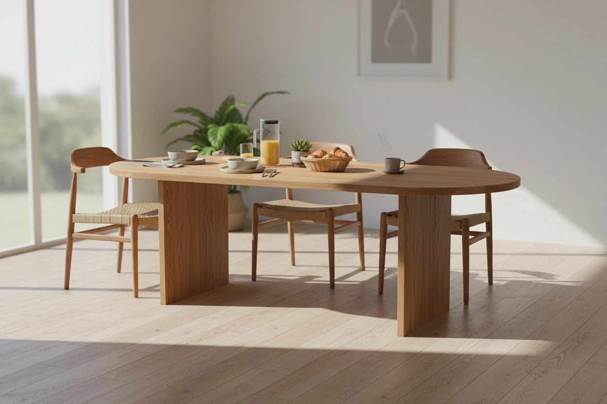 No Fuzz – Eiken Massieve Eettafel – Plat Ovaal – Rechte Rand – Naturel Lak