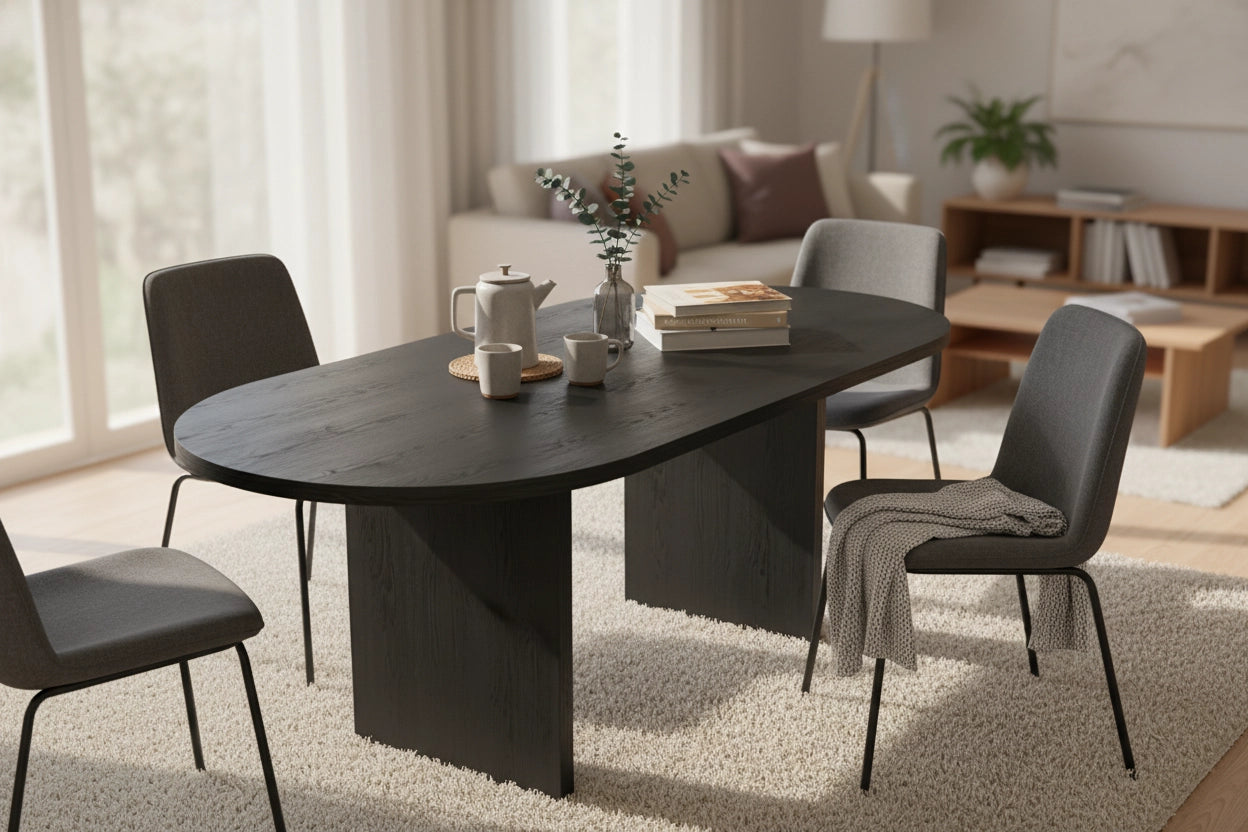 No Fuzz – Eiken Massieve Eettafel – Plat Ovaal – Rechte Rand – Zwarte Lak