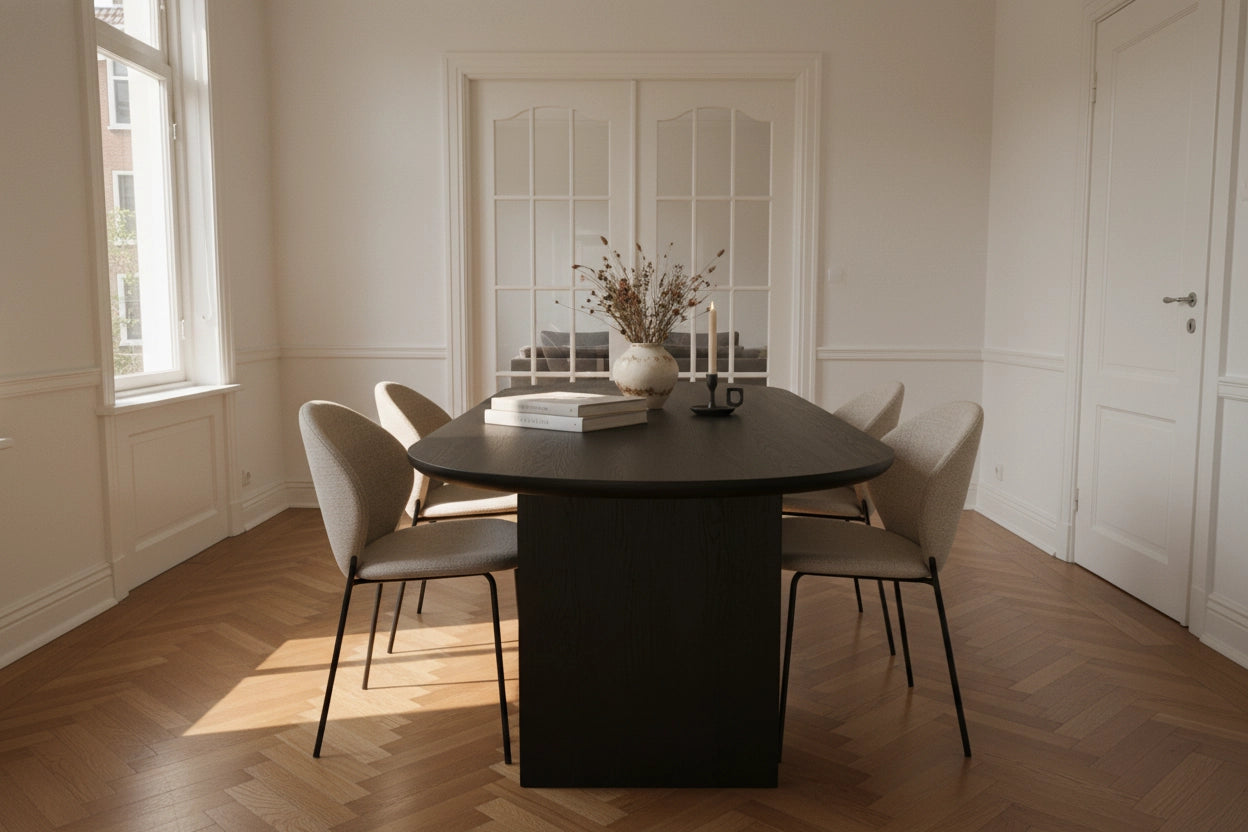 No Fuzz – Eiken Massieve Eettafel – Plat Ovaal – Ronde Rand – Zwarte Lak