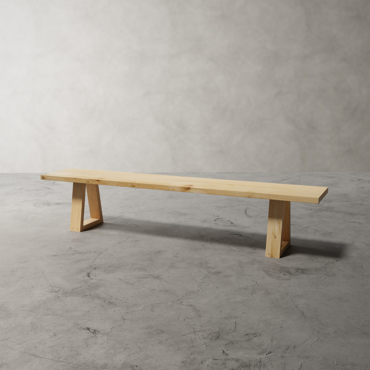 Atelier Bank massief eiken eetbank in naturel eiken op trapeziumframes, schuin van voren