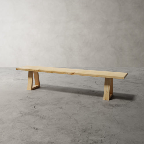 Atelier Bank massief eiken eetbank in naturel eiken op trapeziumframes, schuin van voren