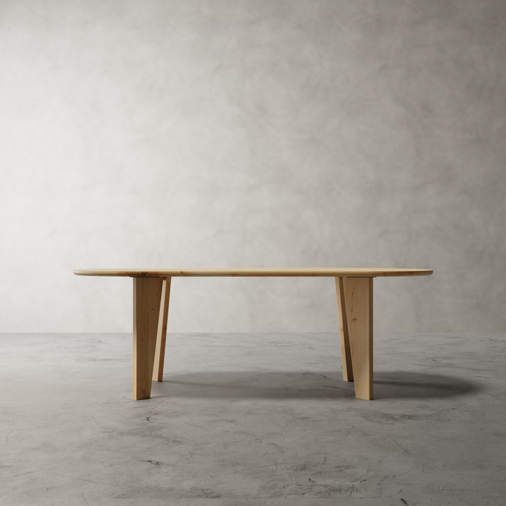 Ovale eettafel Lumière in naturel eiken, vooraanzicht met taps toelopende poten