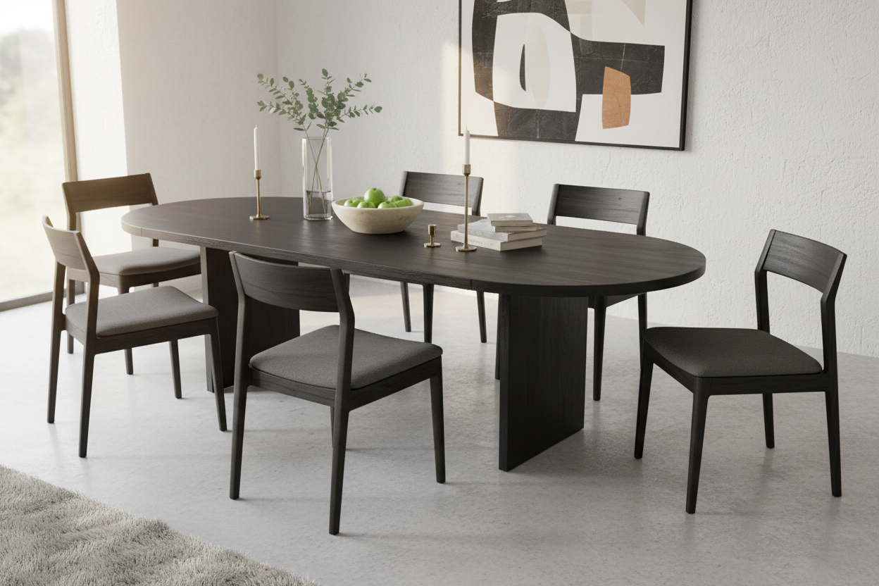 No Fuzz – Eiken Massieve Eettafel – Plat Ovaal – Rechte Rand – Zwarte Lak