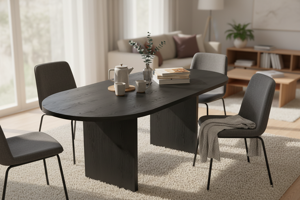 No Fuzz – Eiken Massieve Eettafel – Plat Ovaal – Rechte Rand – Zwarte Lak