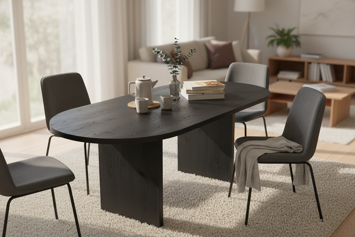 No Fuzz – Eiken Massieve Eettafel – Plat Ovaal – Rechte Rand – Zwarte Lak